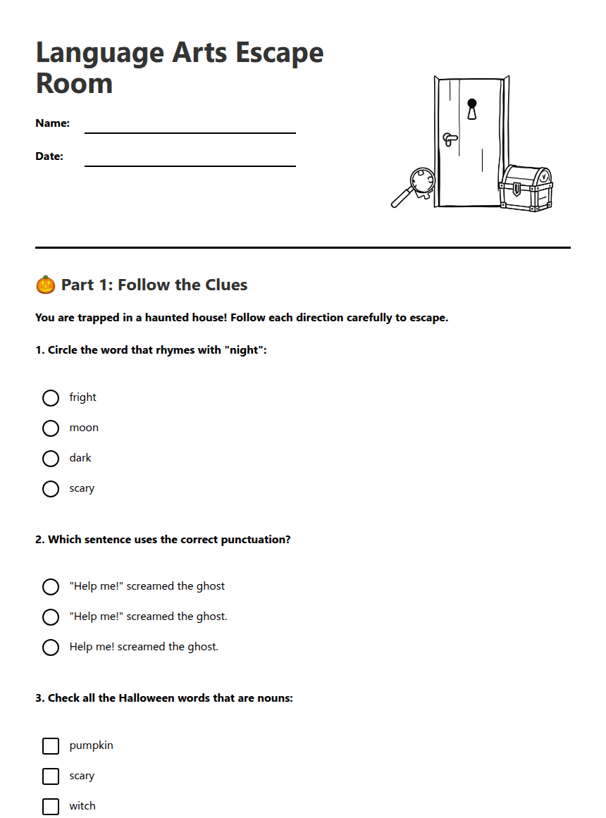 Language Arts Escape Room worksheet preview