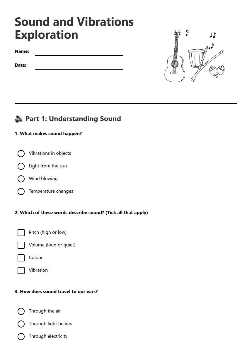 Sound and Vibrations Exploration worksheet preview