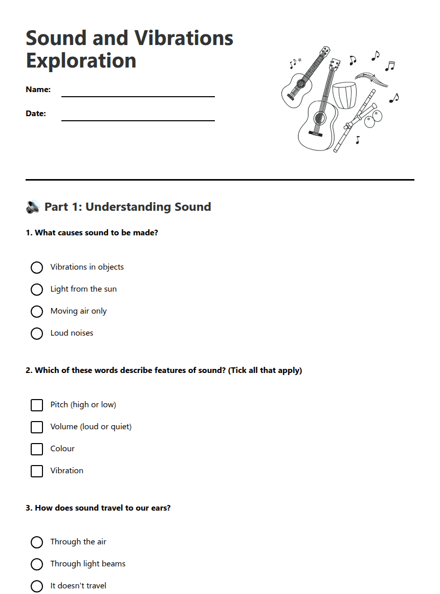 Sound and Vibrations Exploration worksheet preview