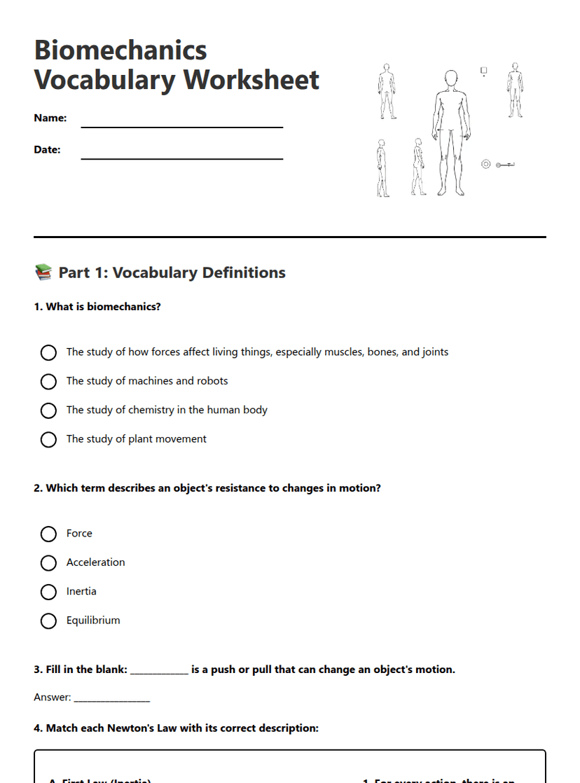 Biomechanics Vocabulary Worksheet