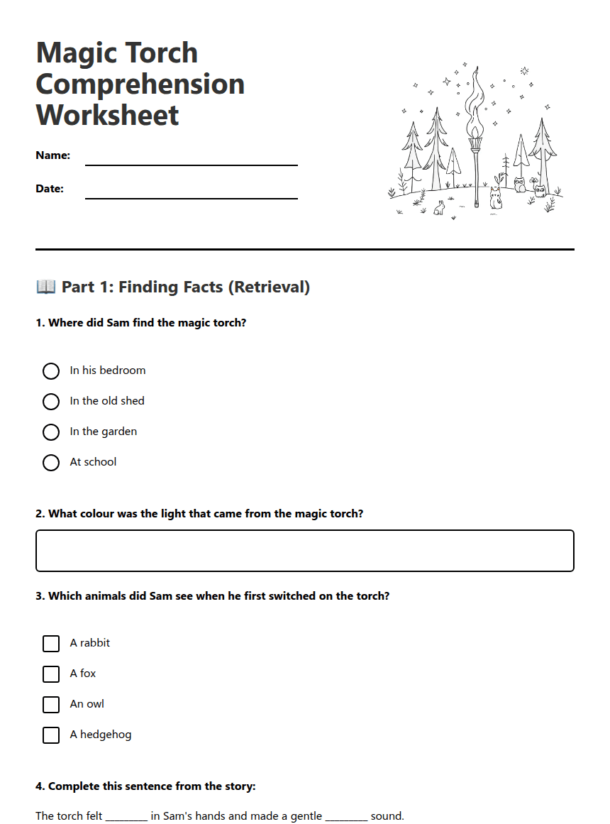 Magic Torch Comprehension Worksheet worksheet preview