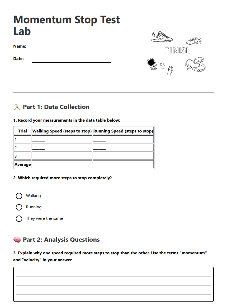 Momentum Stop Test Lab worksheet preview