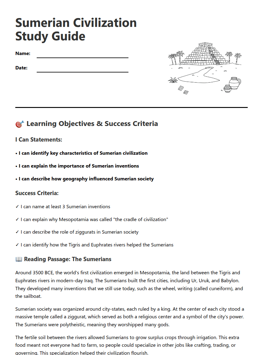 Sumerian Civilization Study Guide worksheet preview