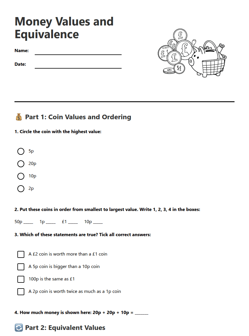 Money Values and Equivalence worksheet preview