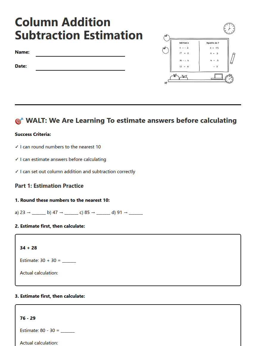 Column Addition Subtraction Estimation worksheet preview