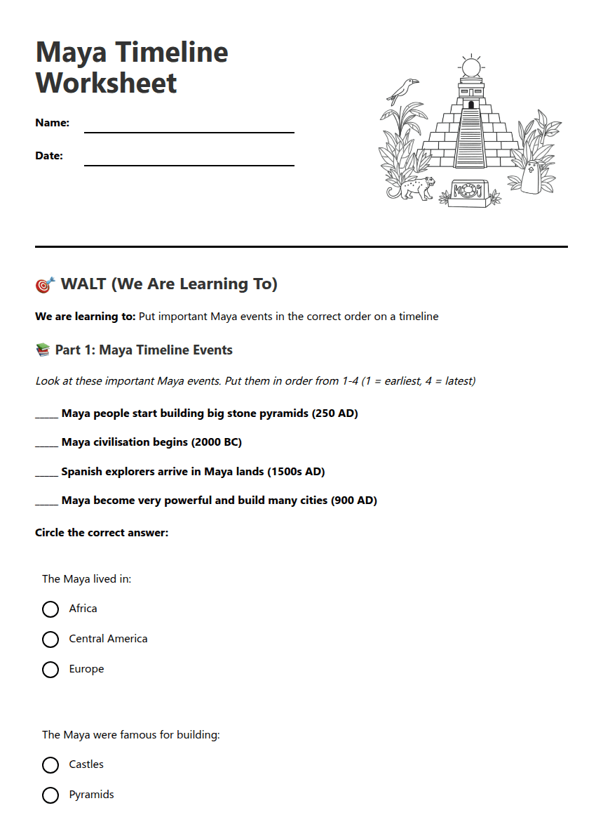 Maya Timeline Worksheet worksheet preview
