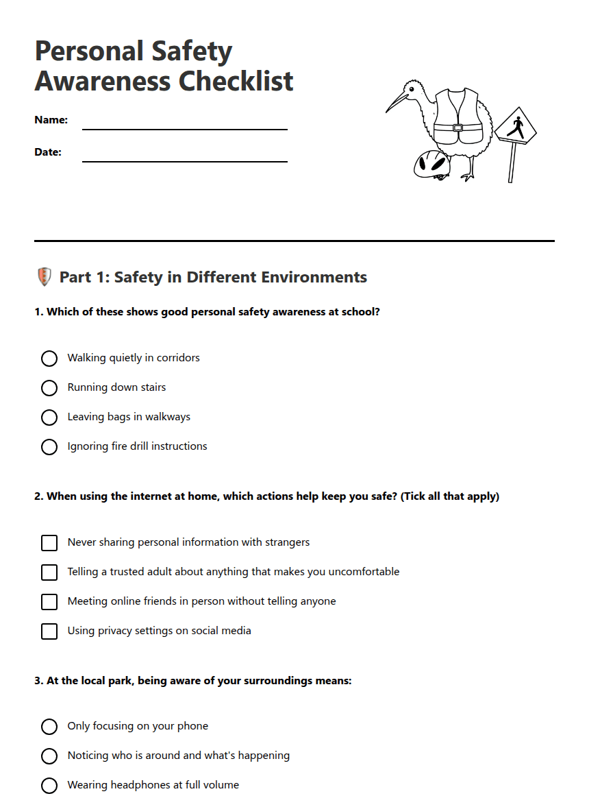 Personal Safety Awareness Checklist worksheet preview