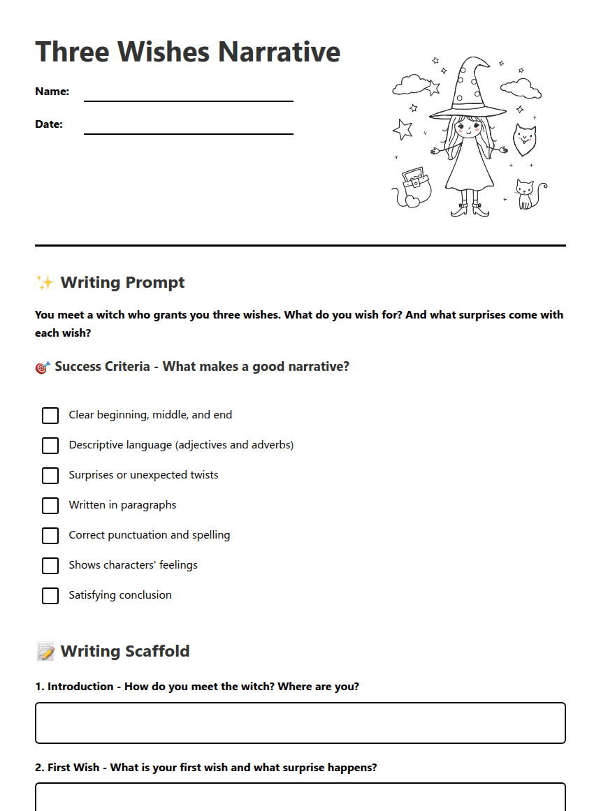 Three Wishes Narrative worksheet preview