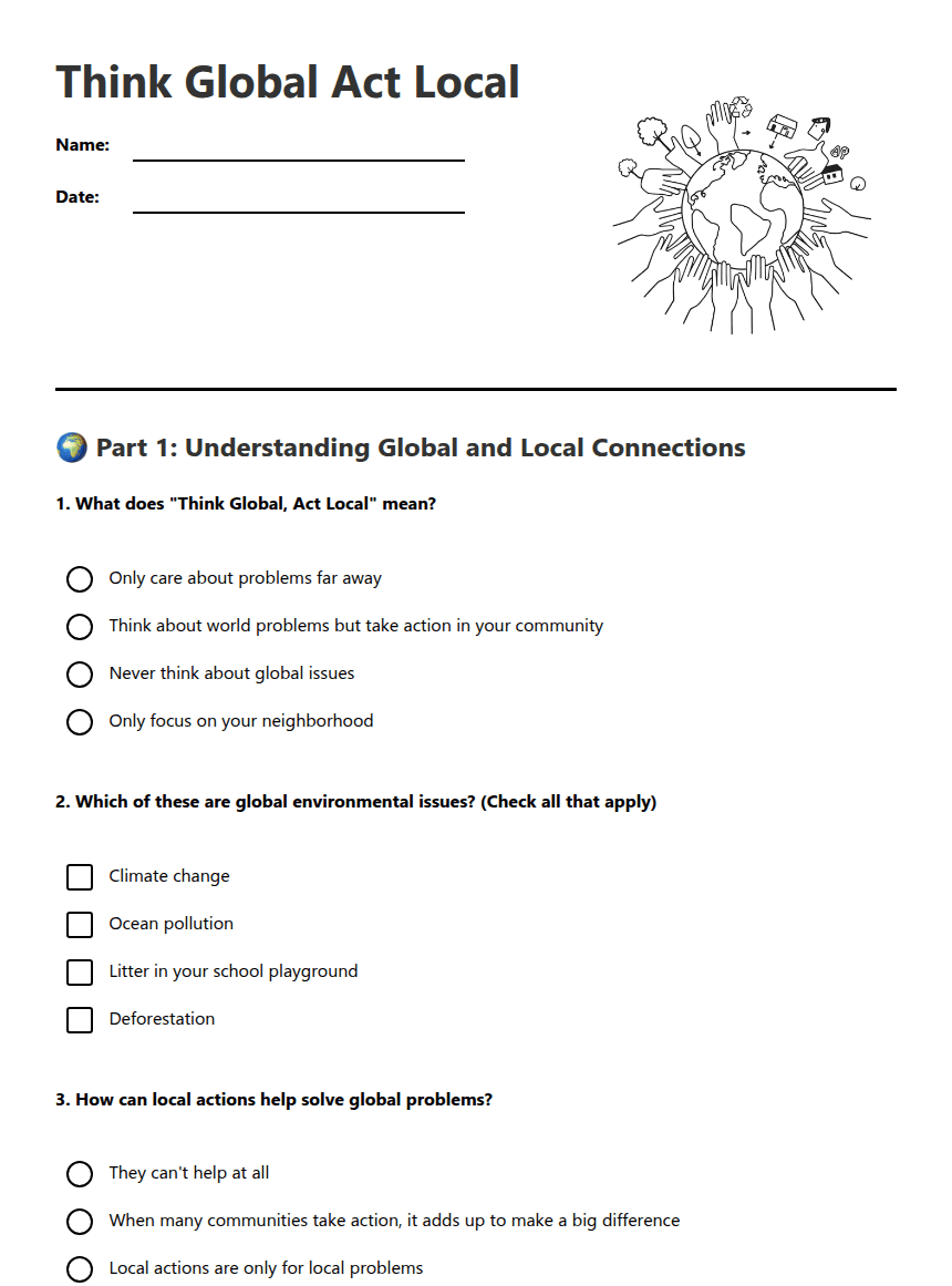 Think Global Act Local worksheet preview
