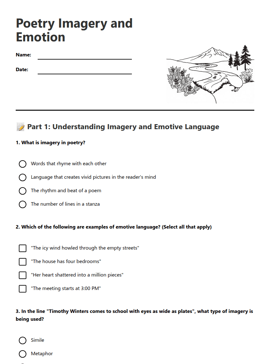 Poetry Imagery and Emotion worksheet preview