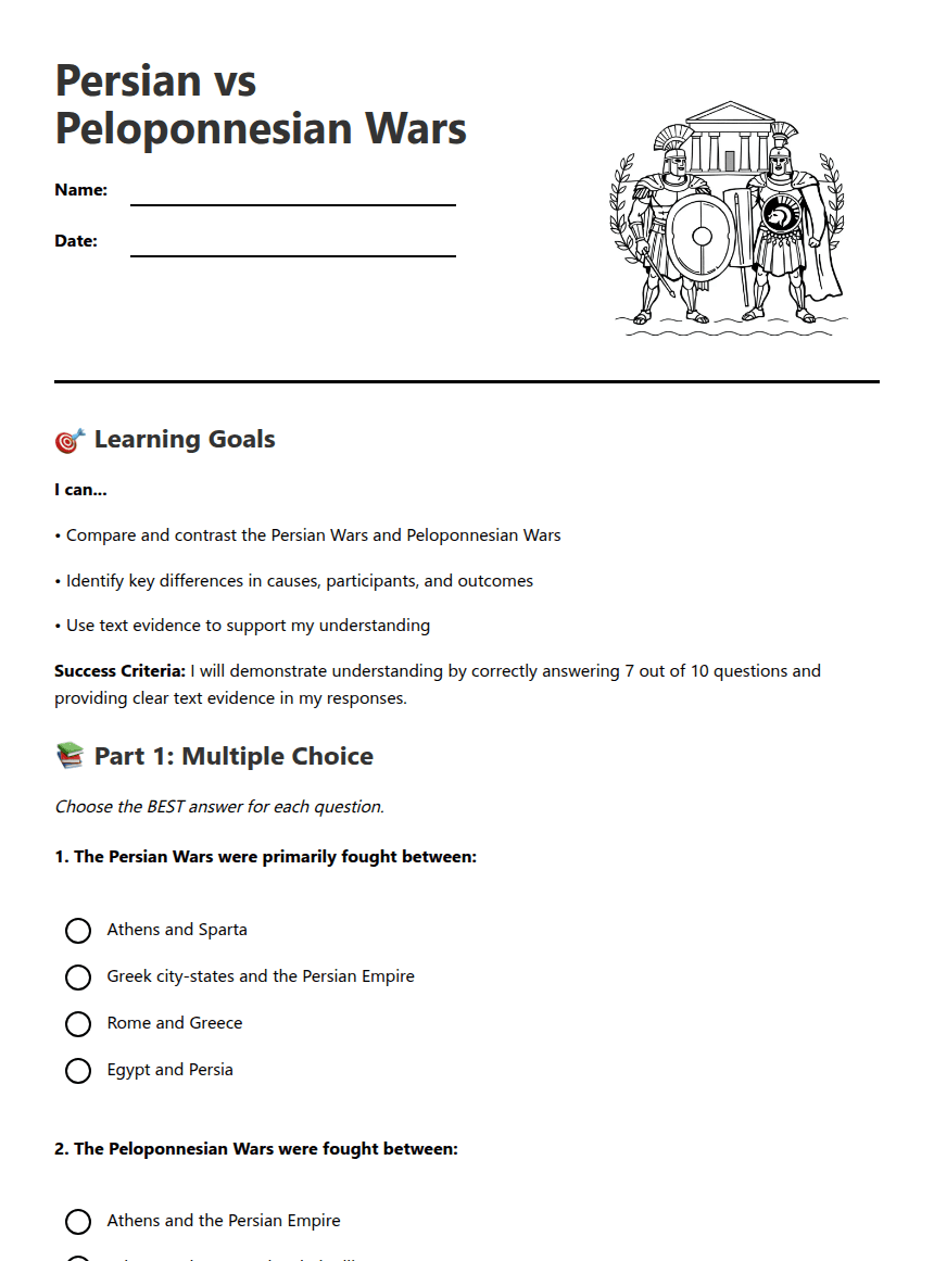 Persian vs Peloponnesian Wars worksheet preview