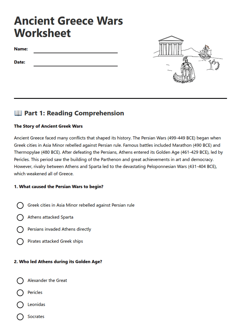 Ancient Greece Wars Worksheet
