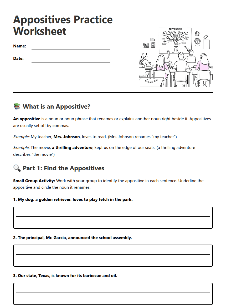 Appositives Practice Worksheet worksheet preview