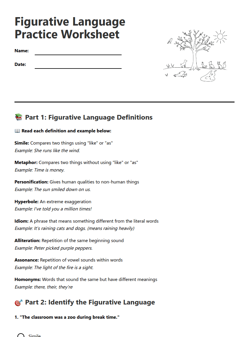 Figurative Language Practice Worksheet worksheet preview