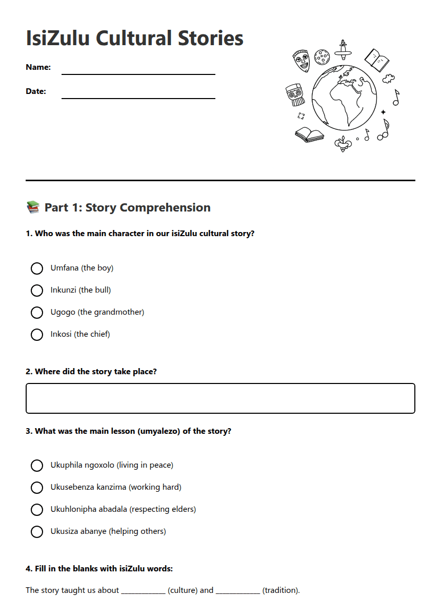 IsiZulu Cultural Stories worksheet preview