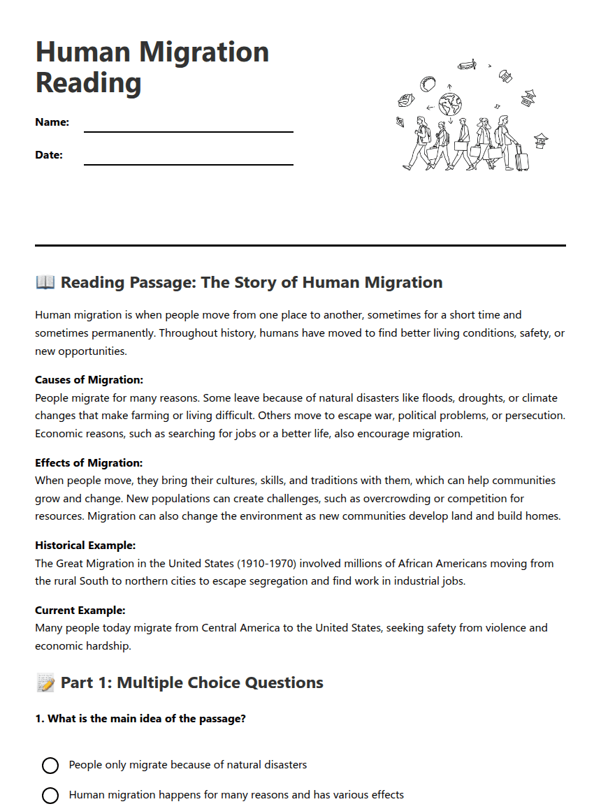 Human Migration Reading worksheet preview