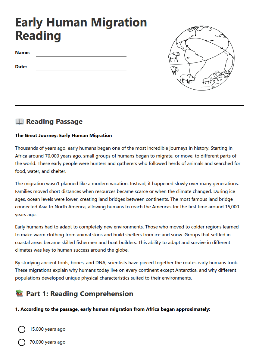 Early Human Migration Reading worksheet preview