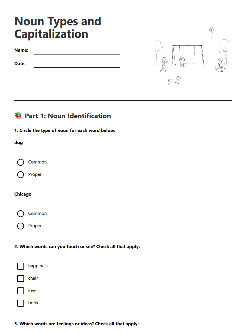 Noun Types and Capitalization worksheet preview