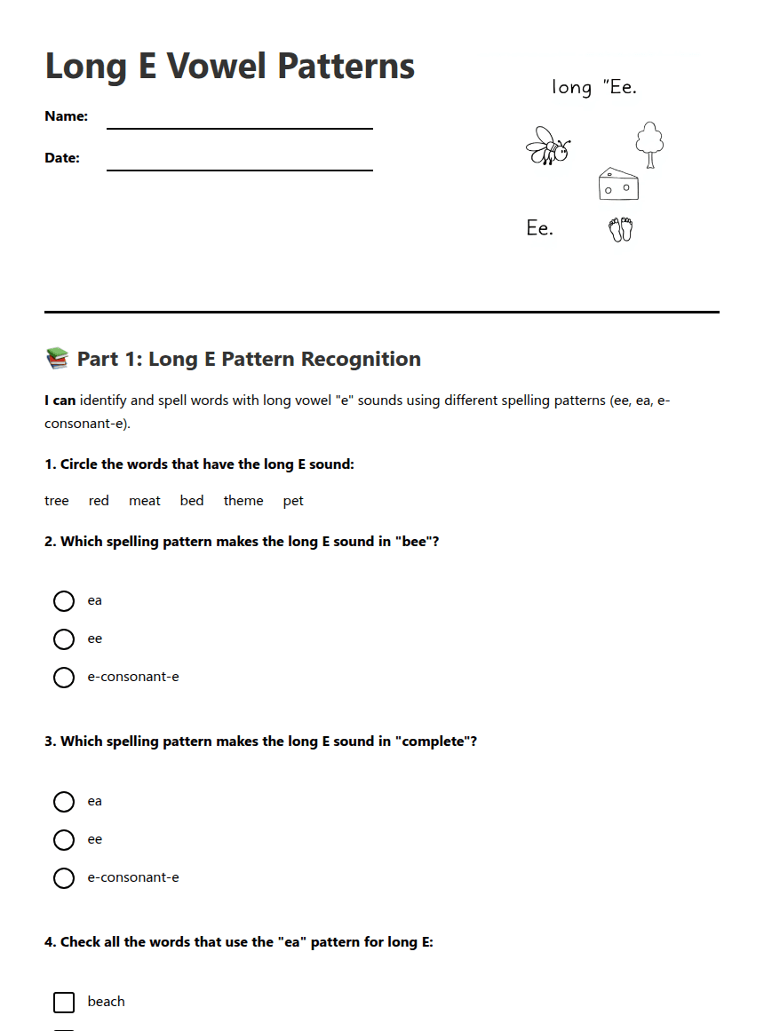 Long E Vowel Patterns worksheet preview