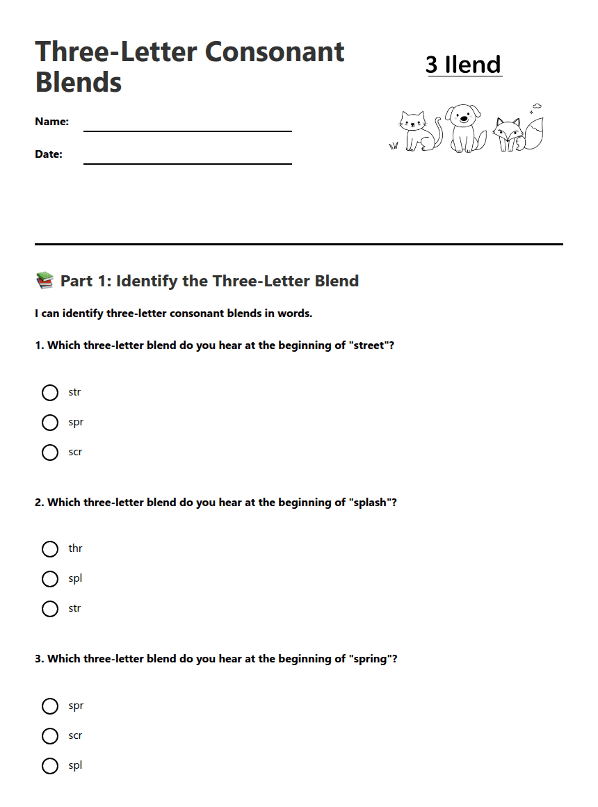 Three-Letter Consonant Blends worksheet preview