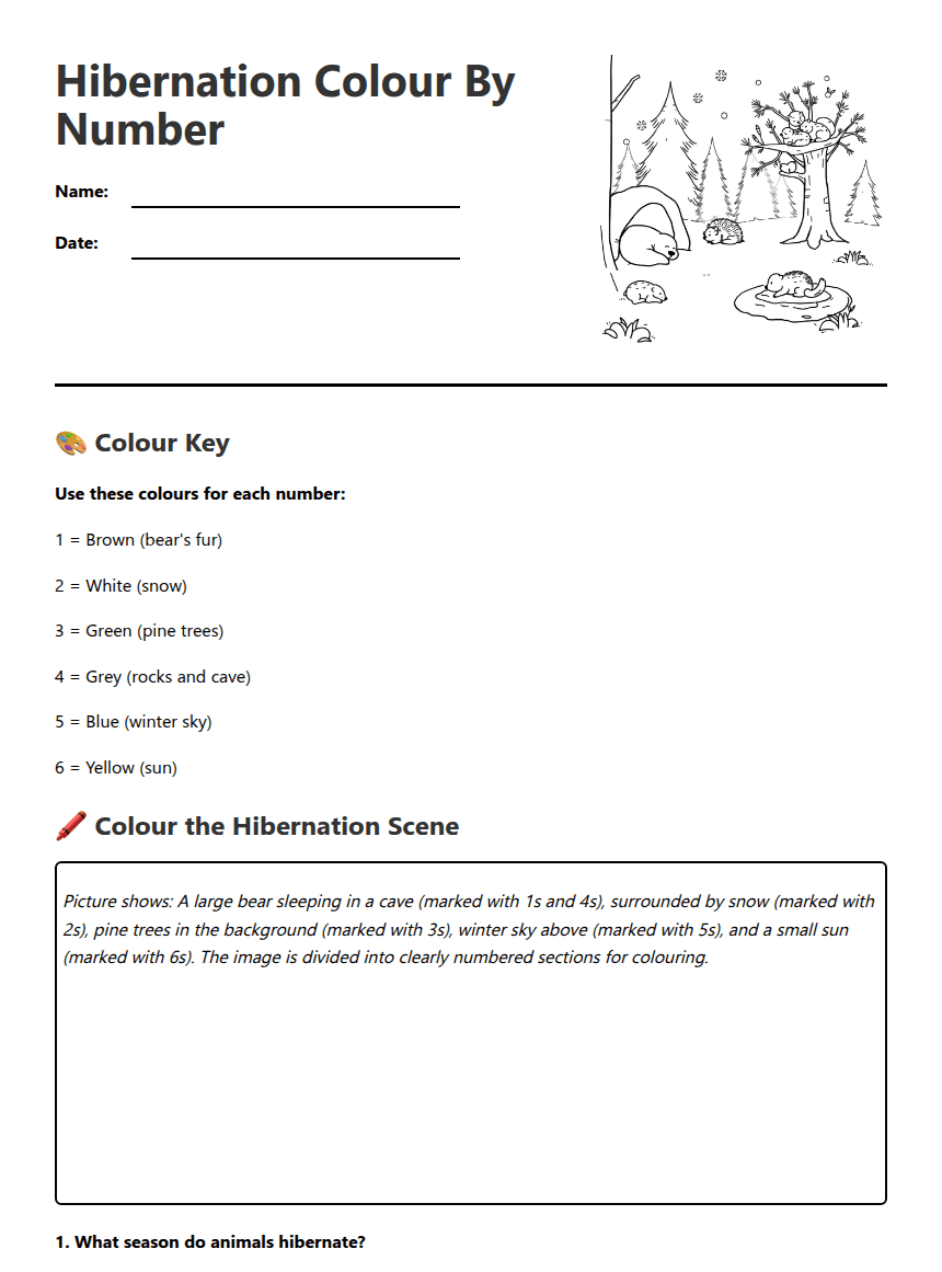 Hibernation Color By Number worksheet preview