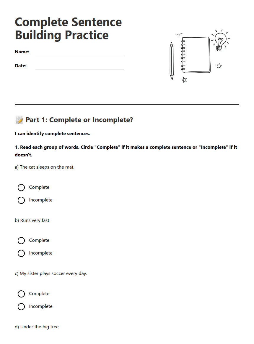 Complete Sentence Building Practice worksheet preview
