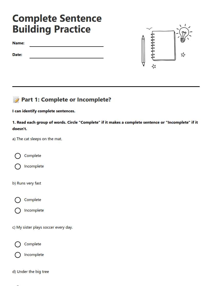 Complete Sentence Building Practice