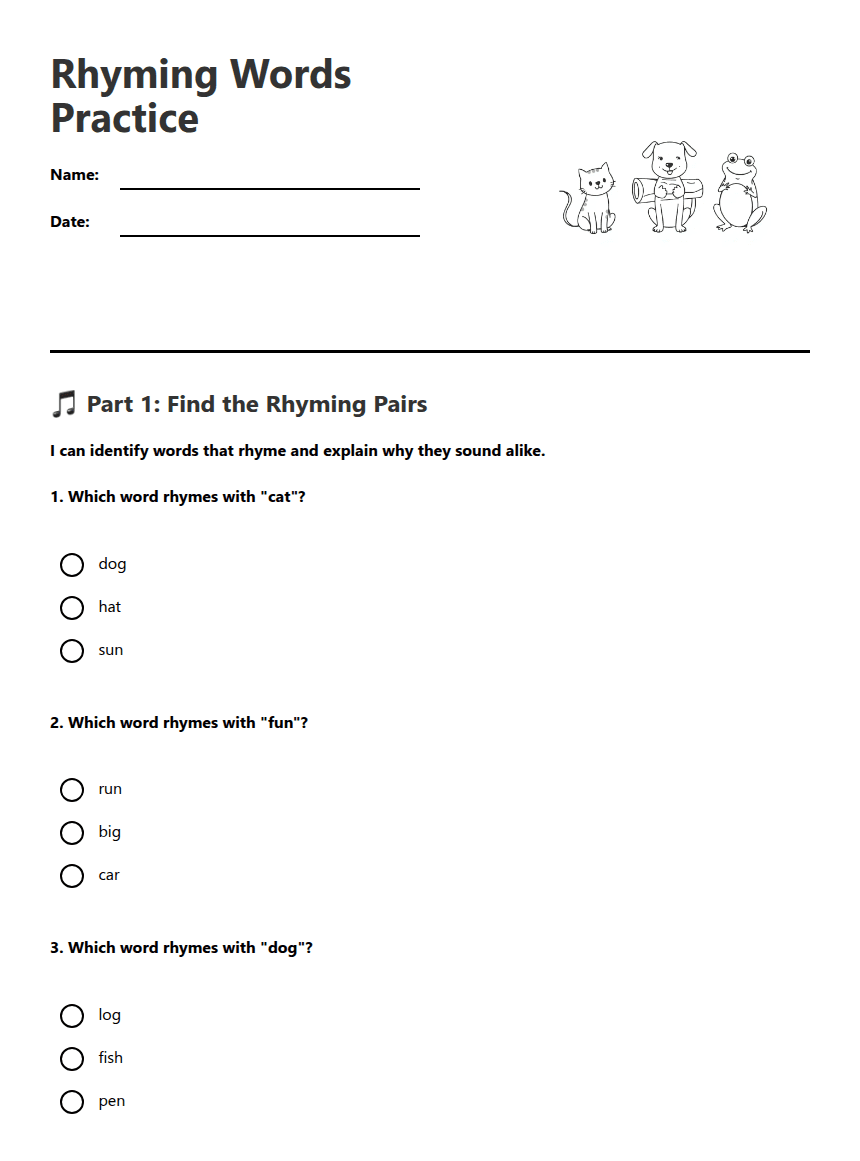 Rhyming Words Practice worksheet preview