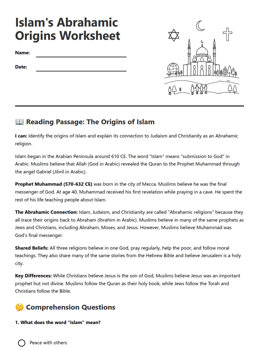Islam's Abrahamic Origins Worksheet