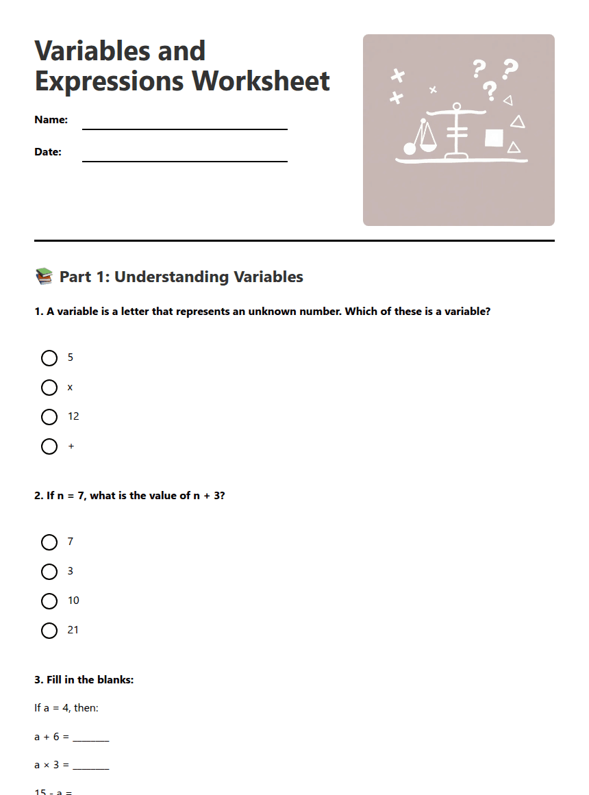 Variables and Expressions Worksheet worksheet preview