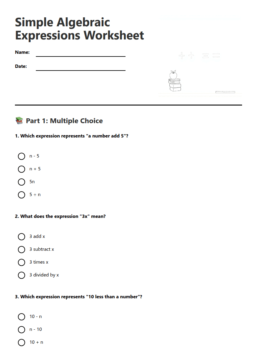 Simple Algebraic Expressions Worksheet worksheet preview