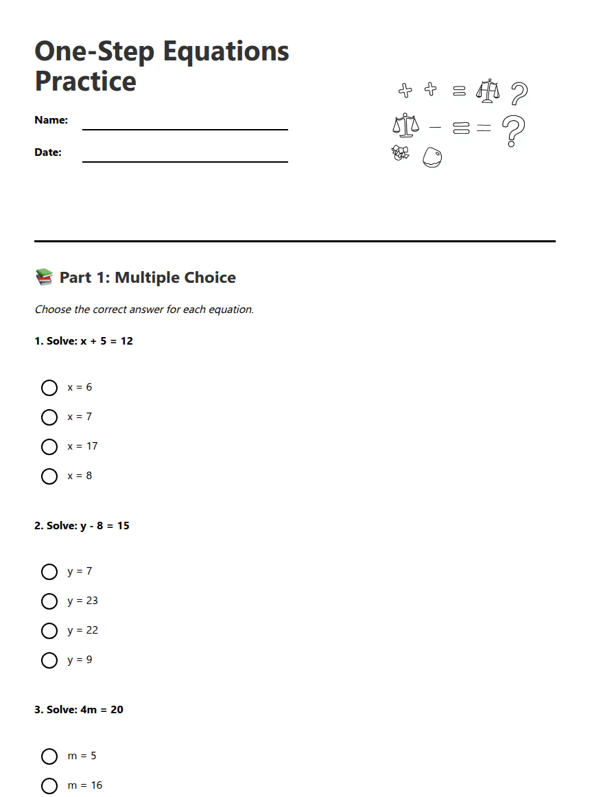 One-Step Equations Practice worksheet preview