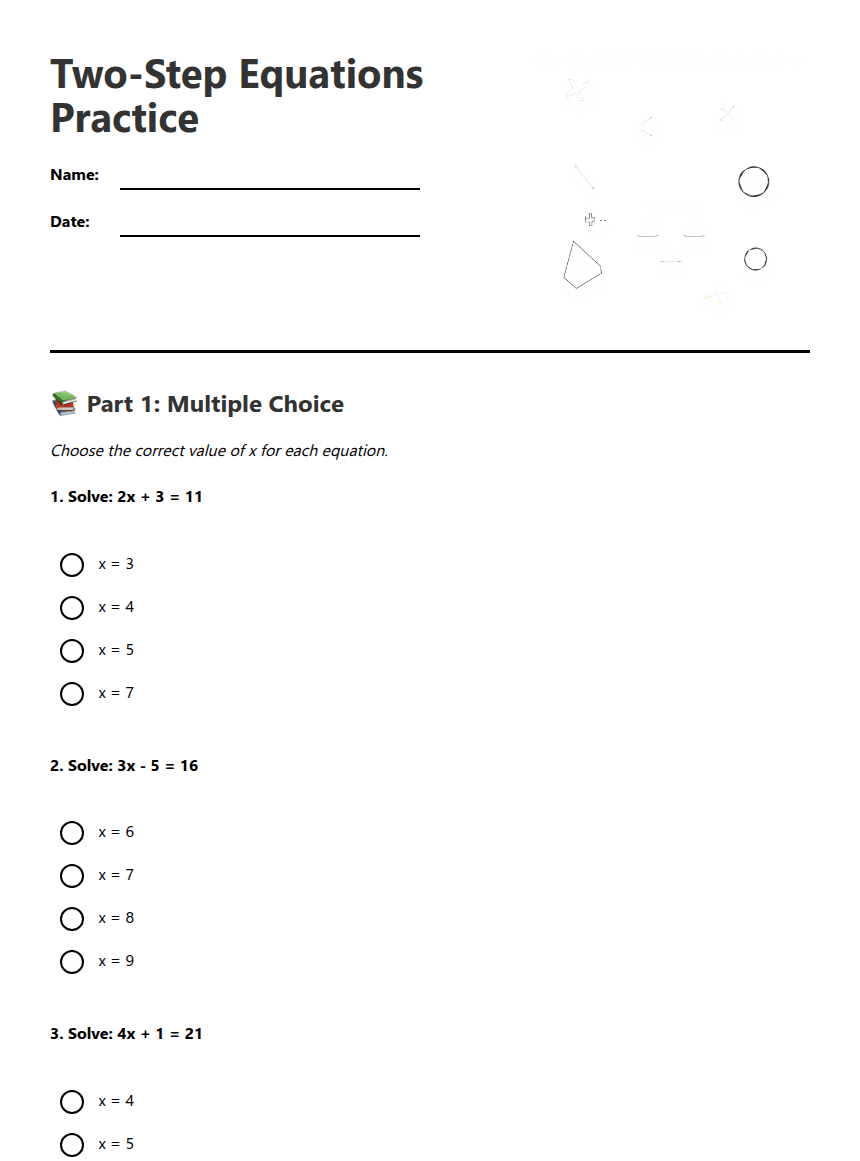 Two-Step Equations Practice worksheet preview