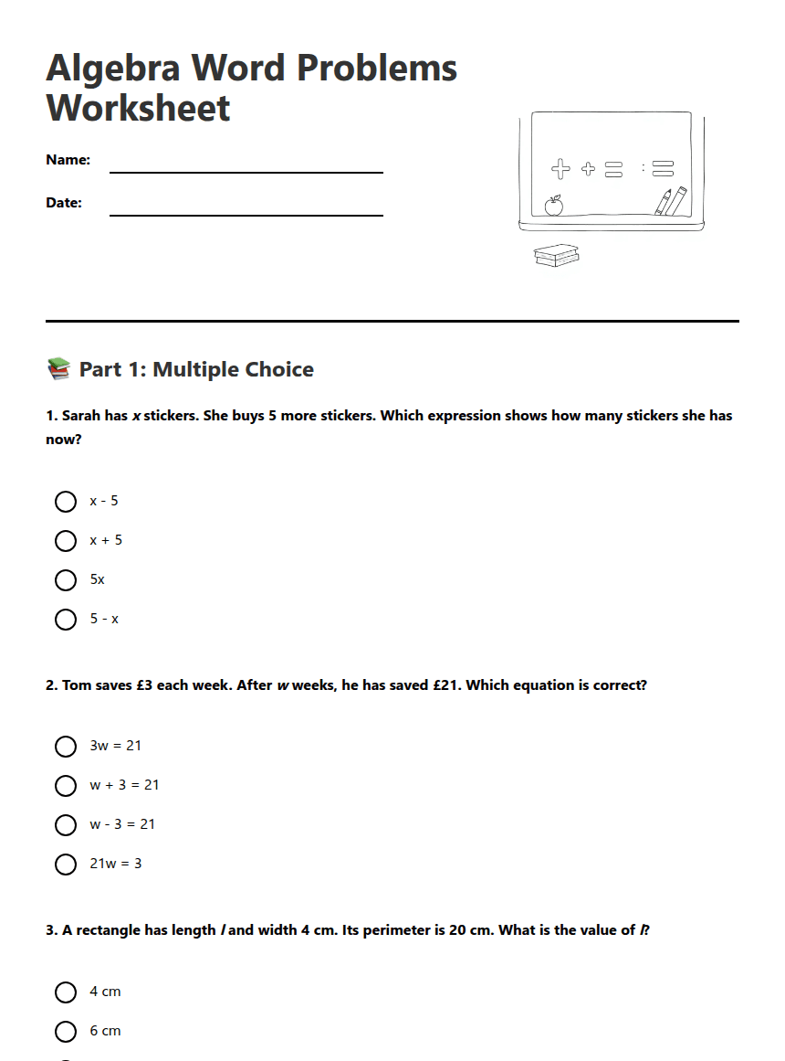 Algebra Word Problems Worksheet worksheet preview