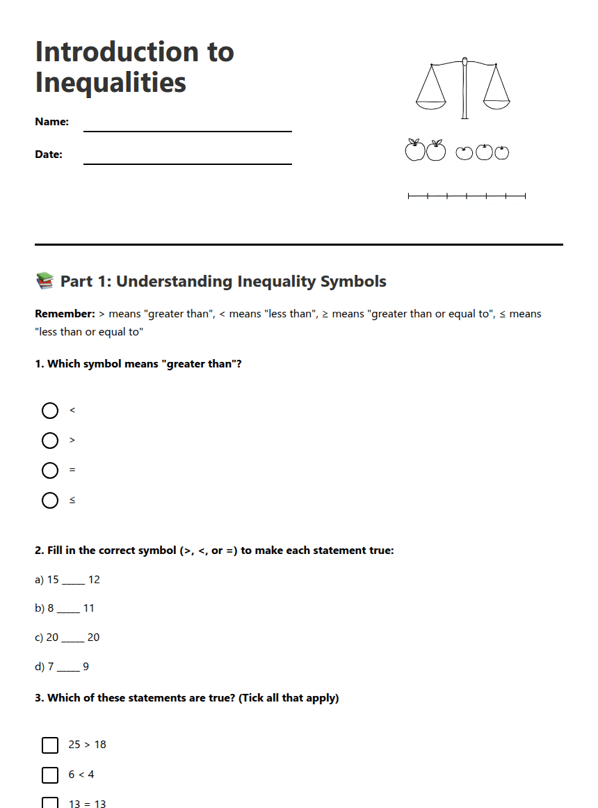 Introduction to Inequalities worksheet preview