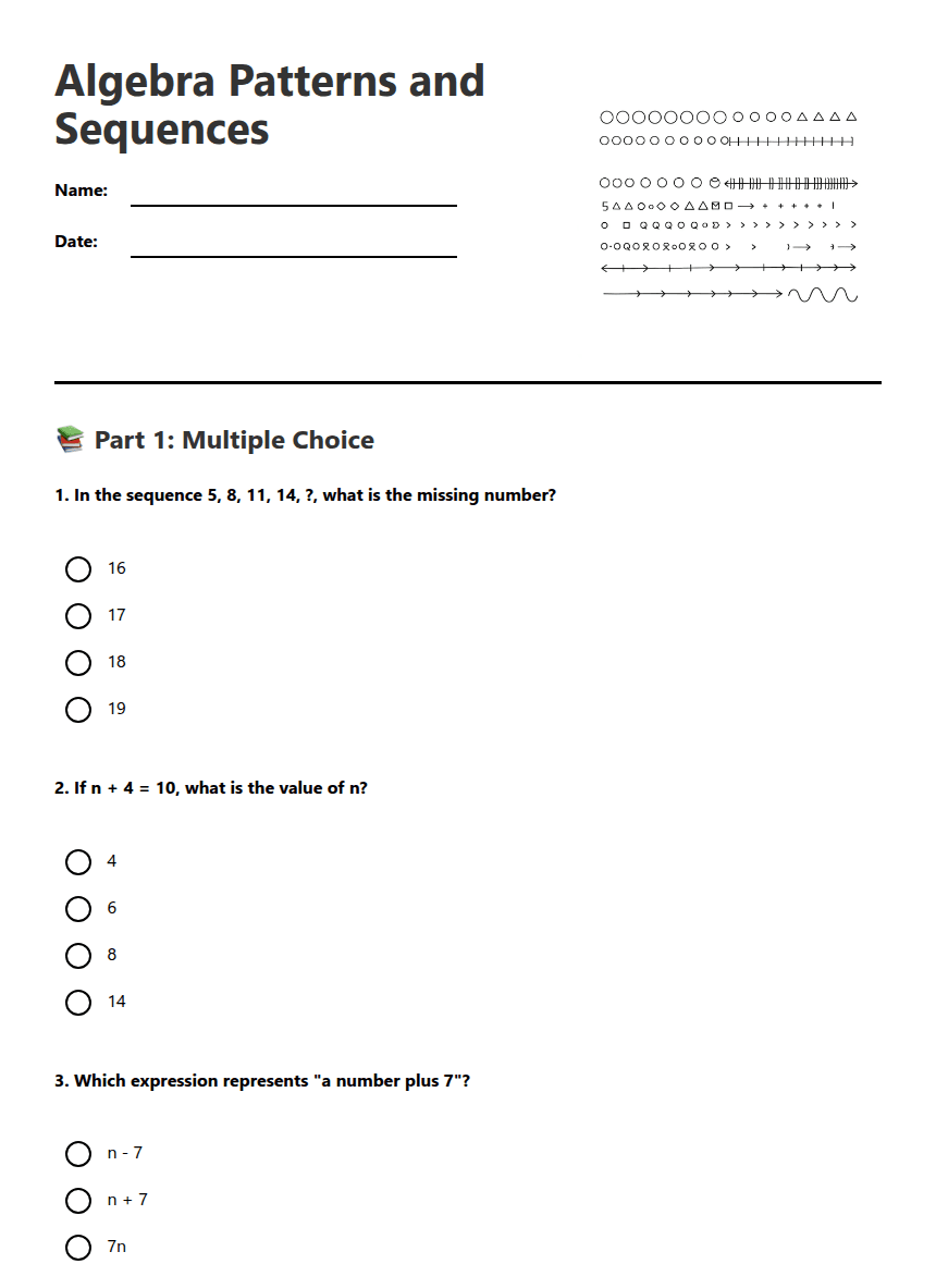 Algebra Patterns and Sequences worksheet preview