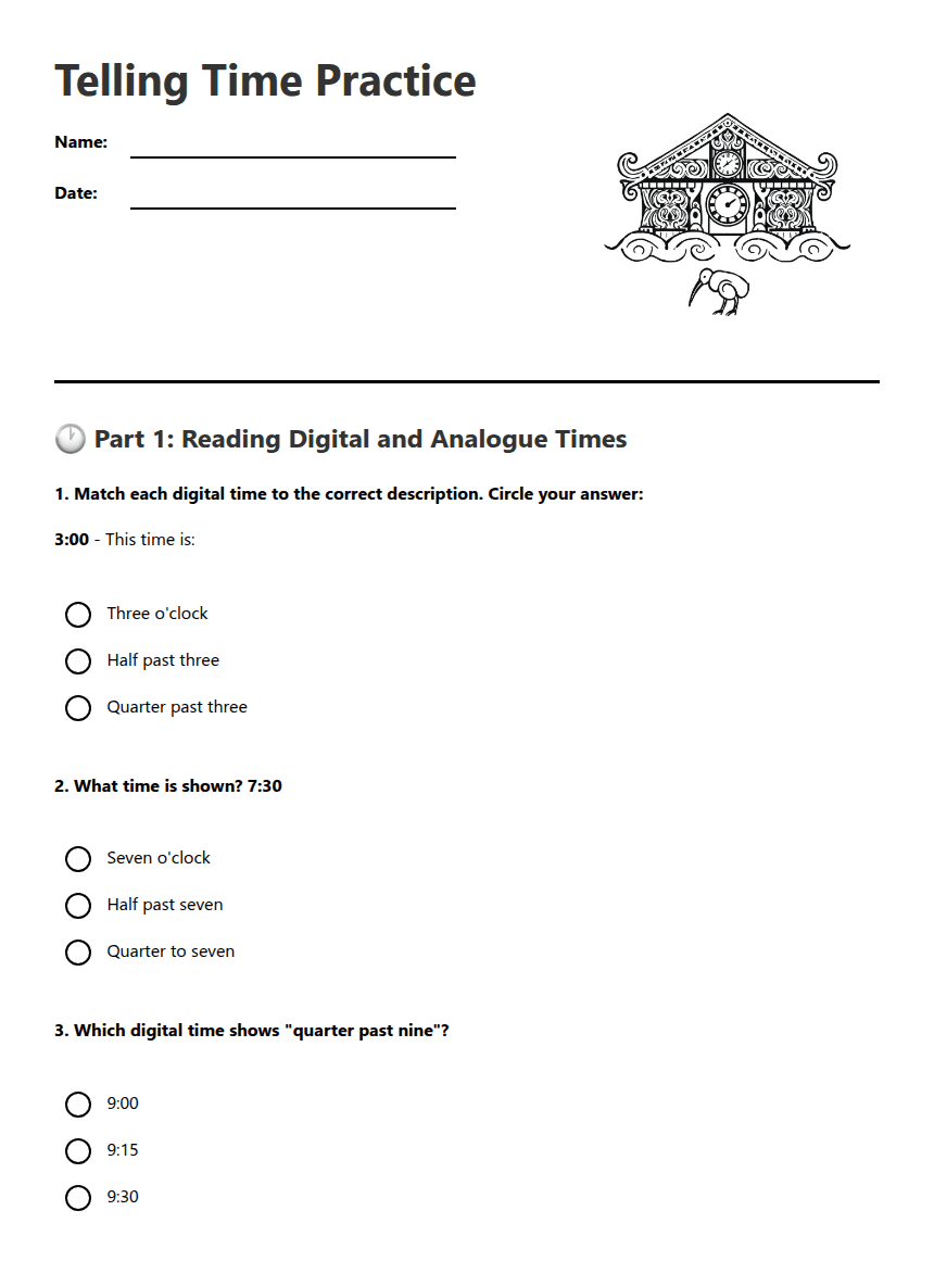 Telling Time Practice worksheet preview