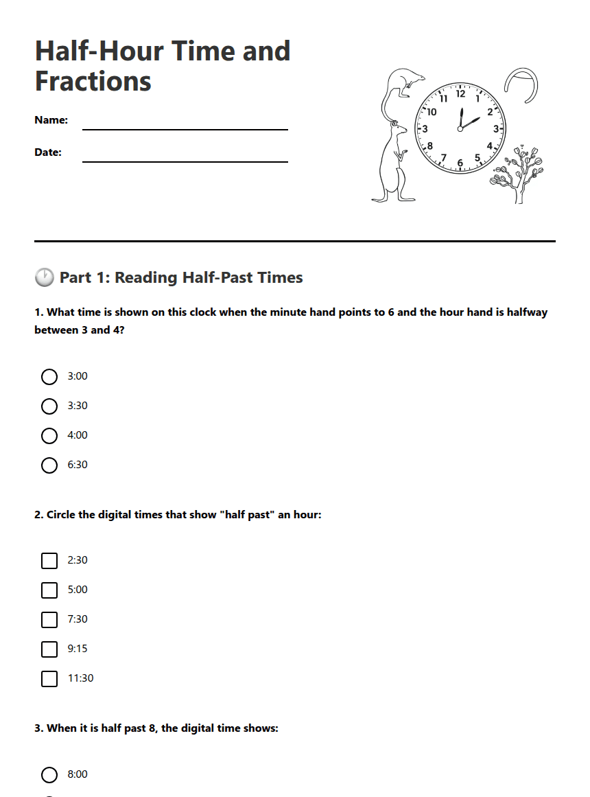 Half-Hour Time and Fractions worksheet preview