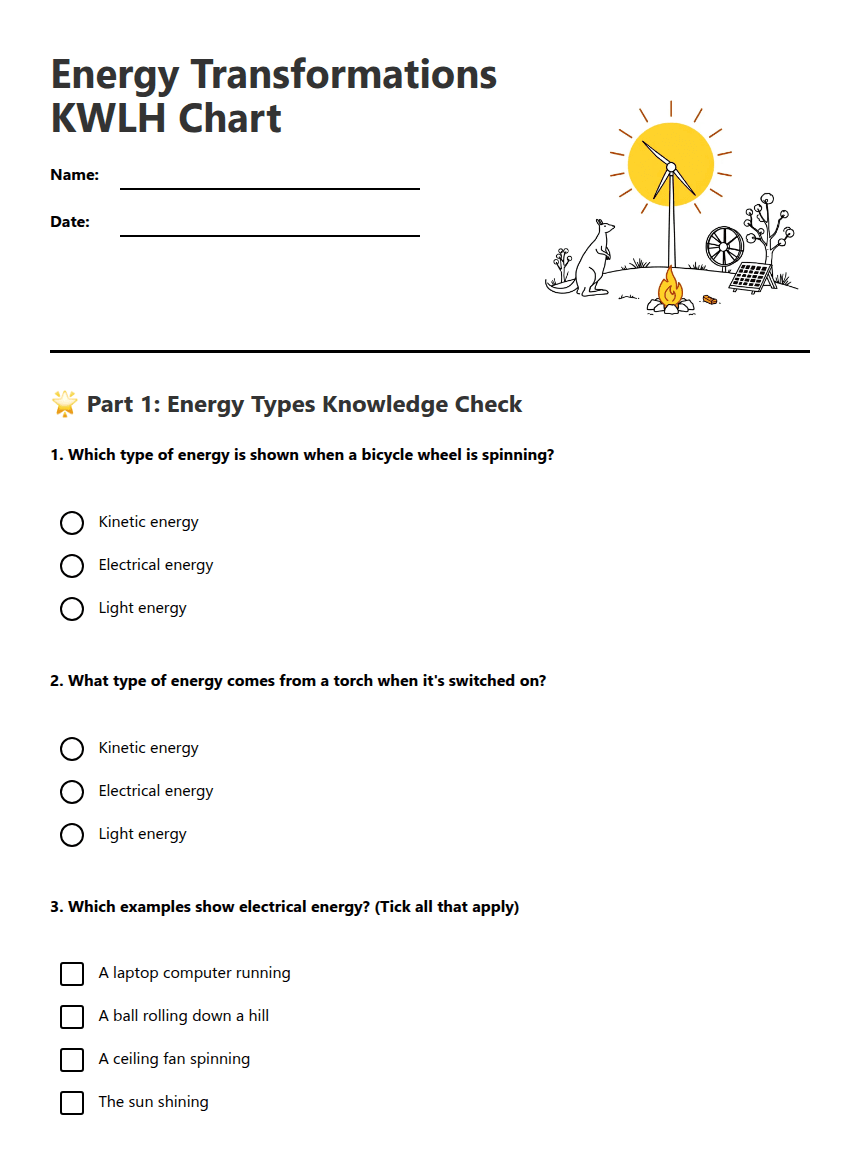 Energy Transformations KWLH Chart worksheet preview