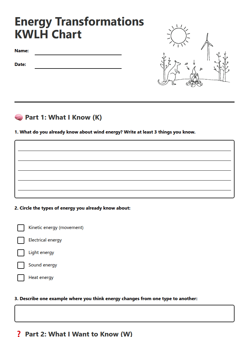Energy Transformations KWLH Chart worksheet preview