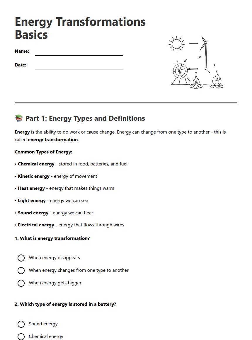 Energy Transformations Basics worksheet preview