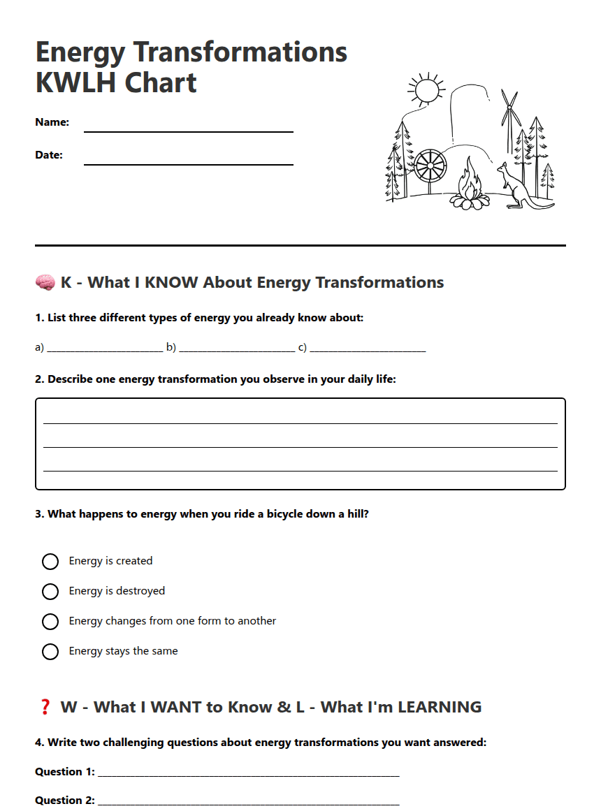 Energy Transformations KWLH Chart worksheet preview