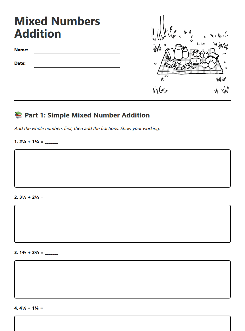 Mixed Numbers Addition worksheet preview