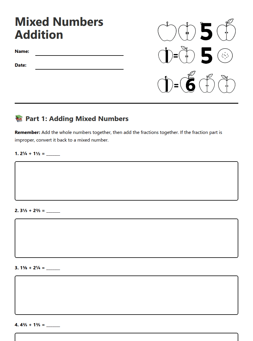 Mixed Numbers Addition worksheet preview