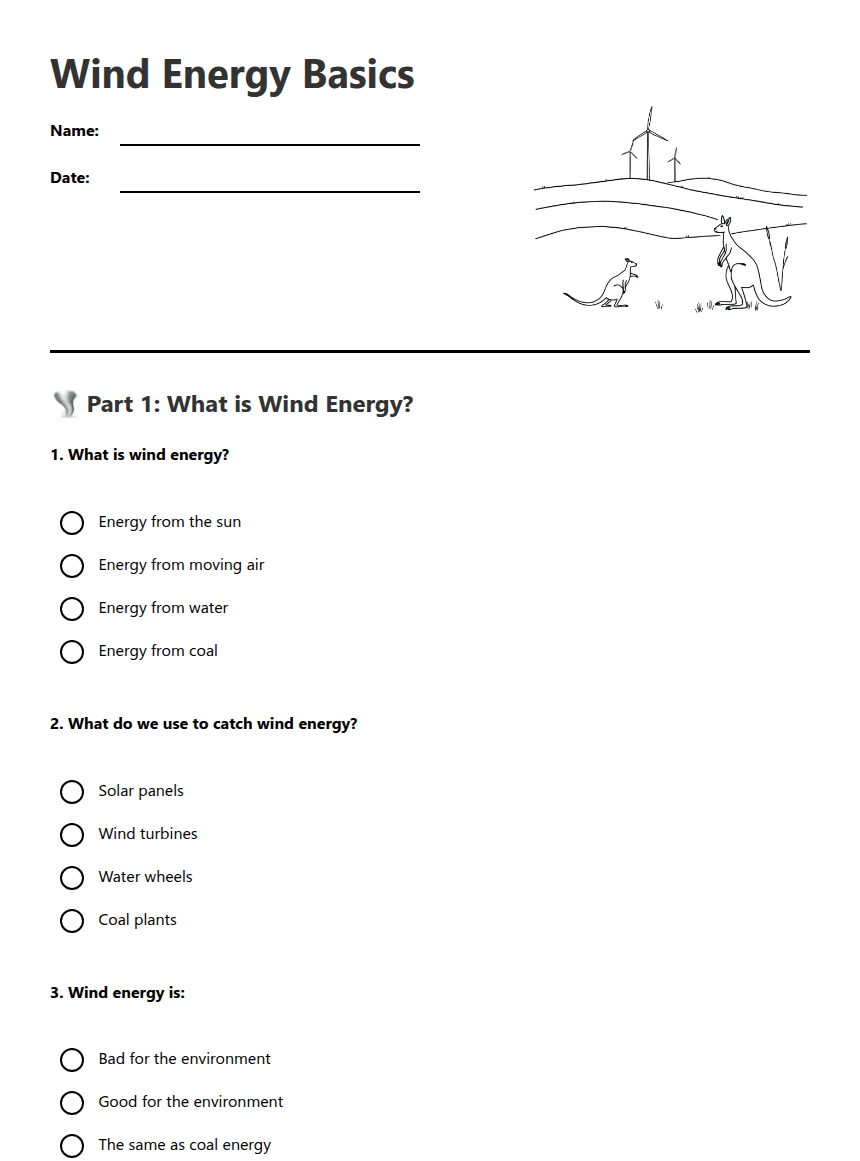 Wind Energy Basics worksheet preview