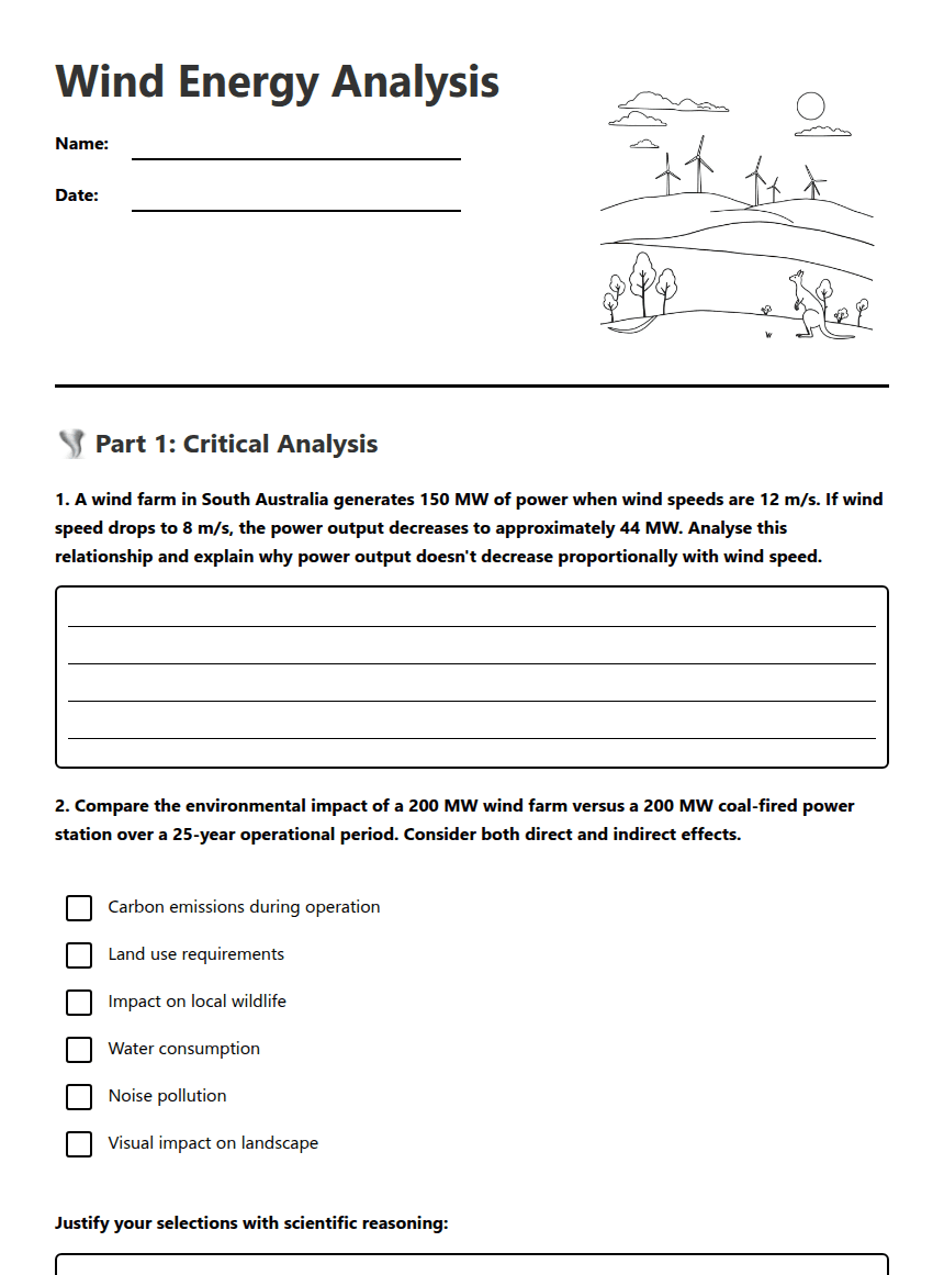 Wind Energy Analysis worksheet preview