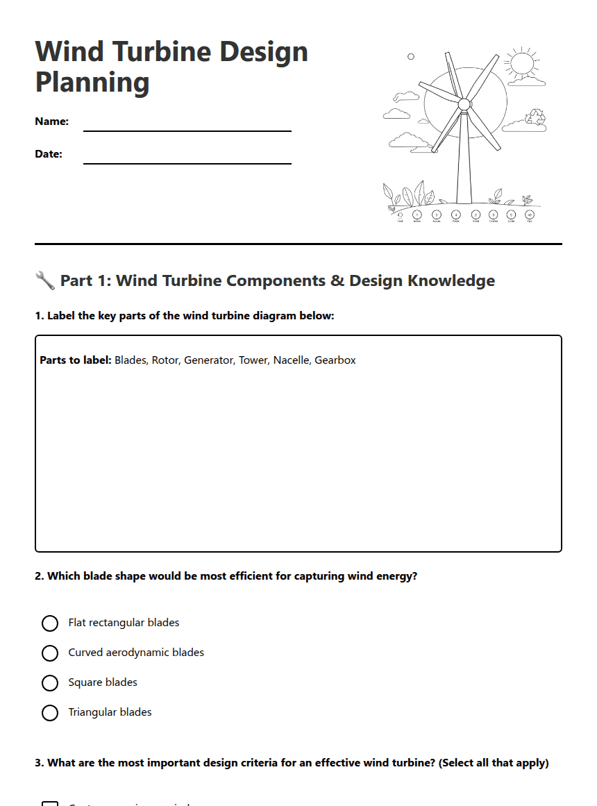Wind Turbine Design Planning worksheet preview