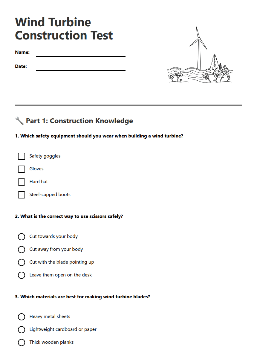 Wind Turbine Construction Test worksheet preview