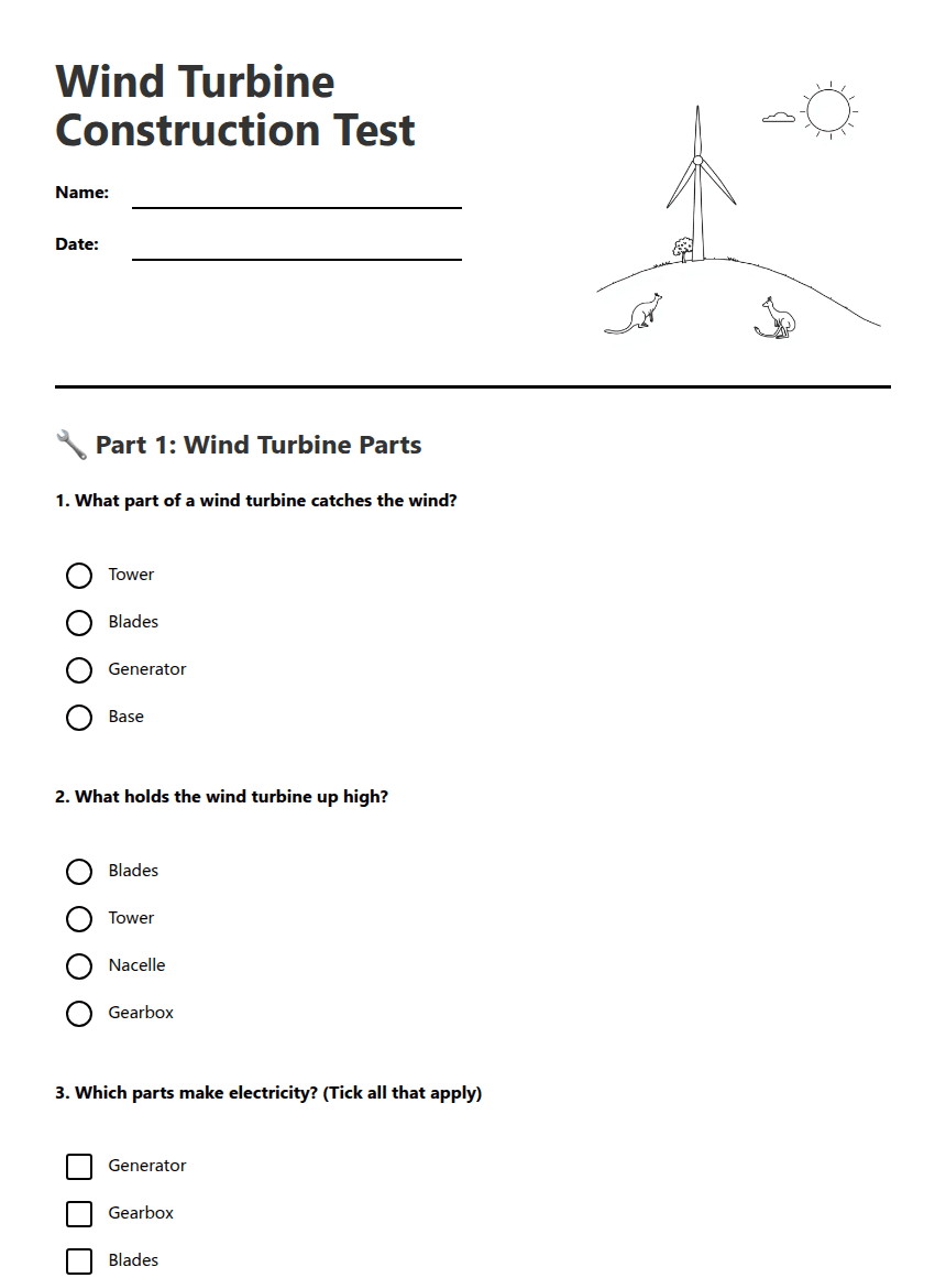 Wind Turbine Construction Test worksheet preview
