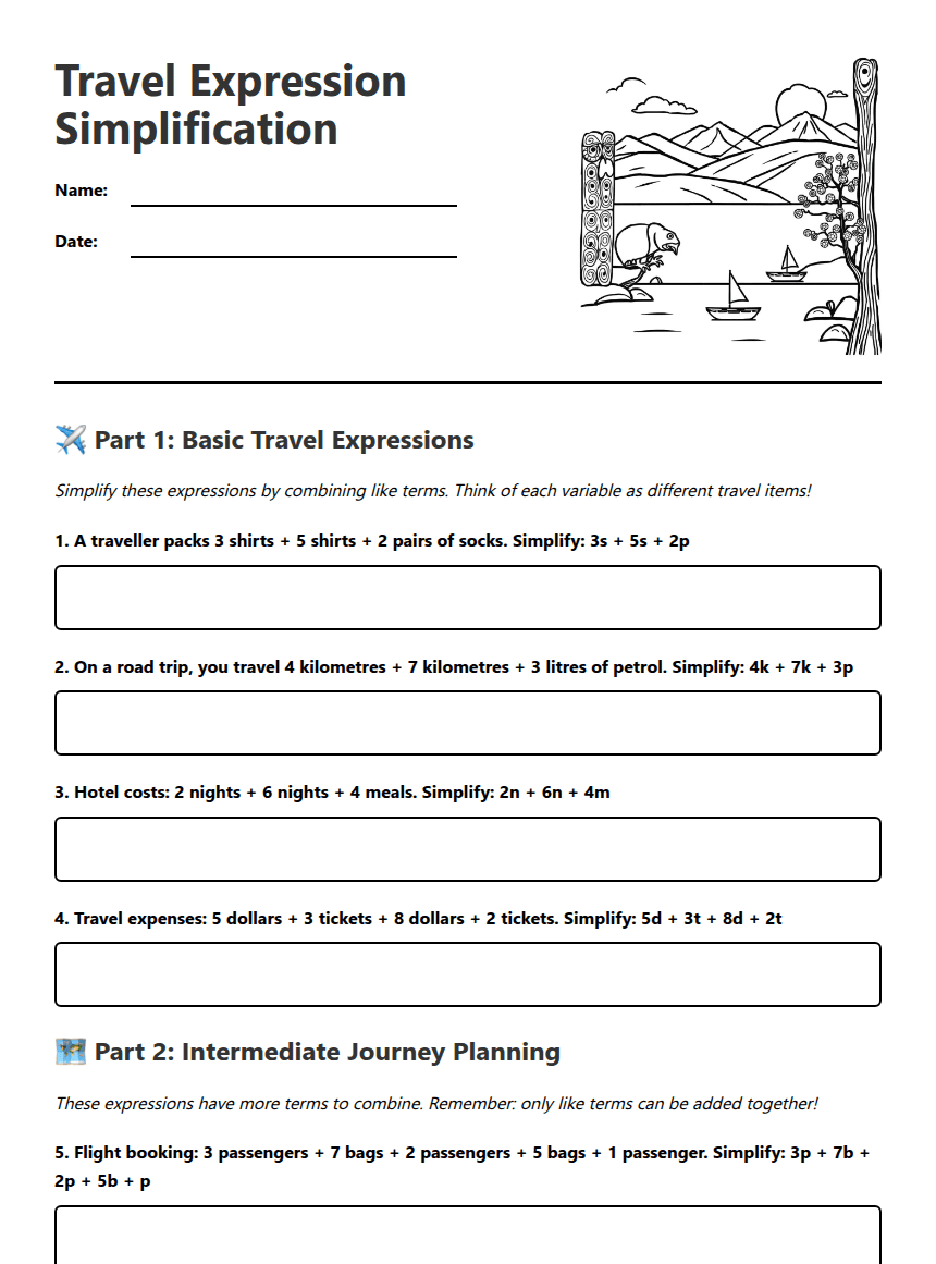 Travel Expression Simplification worksheet preview